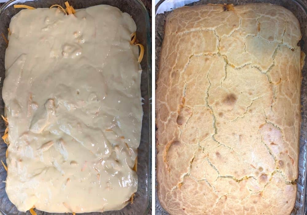 collage of two photos--one shows the final layer of batter on an unbaked bola de carne. The other shows the freshly baked, golden-brown bola de carne.