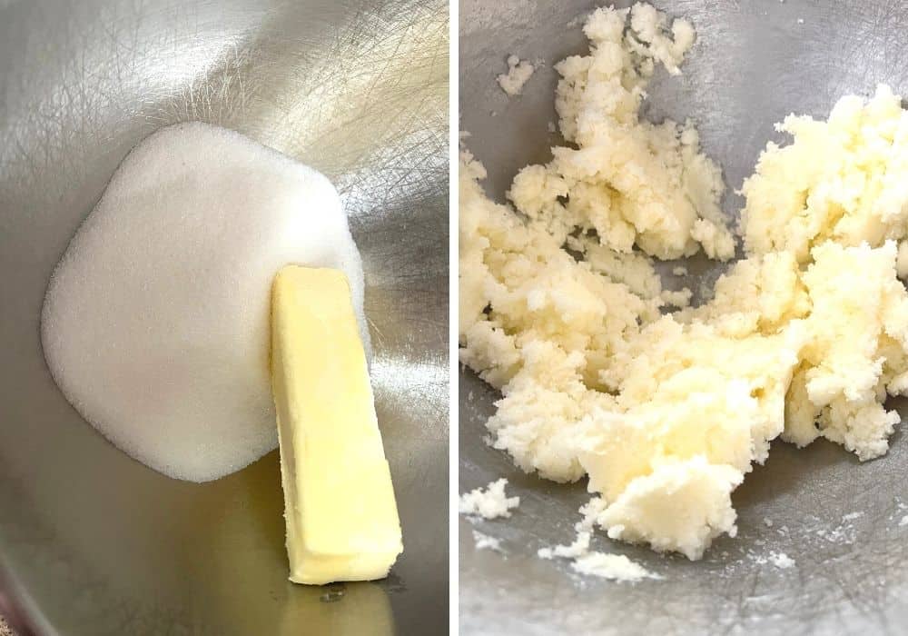 collage image featuring two photos--one photo shows a stick of butter and cup of sugar in a mixing bowl. The other photo shows the butter and sugar creamed together.