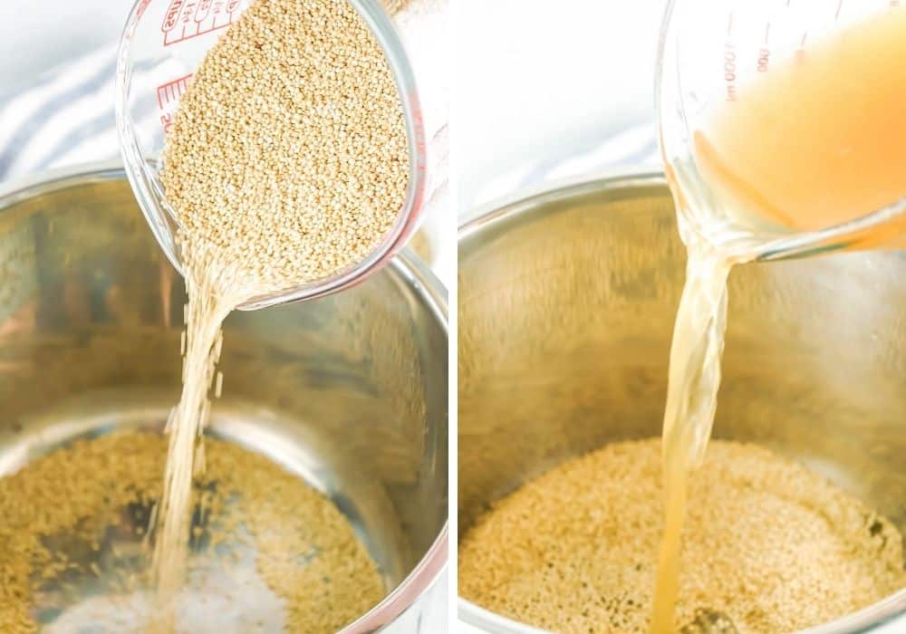 collage of two photos--one showing the quinoa being poured into the insert pot of the Instant Pot and the other showing the broth being poured into the pressure cooker
