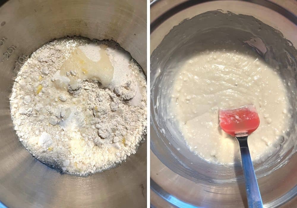 collage image with one photo showing the dry ingredients with wet ingredients added, and the other photo showing the batter mixed with a spatula