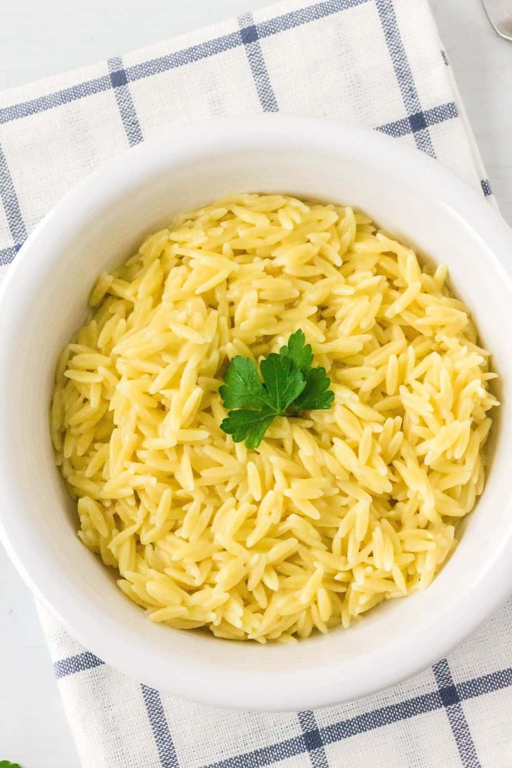 Creamy Instant Pot orzo in a white bowl, garnished with fresh parsley