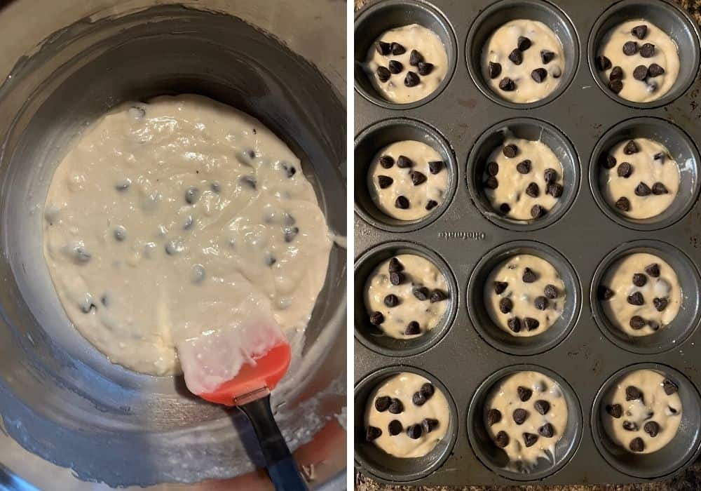 collage image with one photo showing batter with chocolate chips added, and the other photo showing batter divided among 12 wells of a muffin pan, with additional chocolate chips sprinkled on top