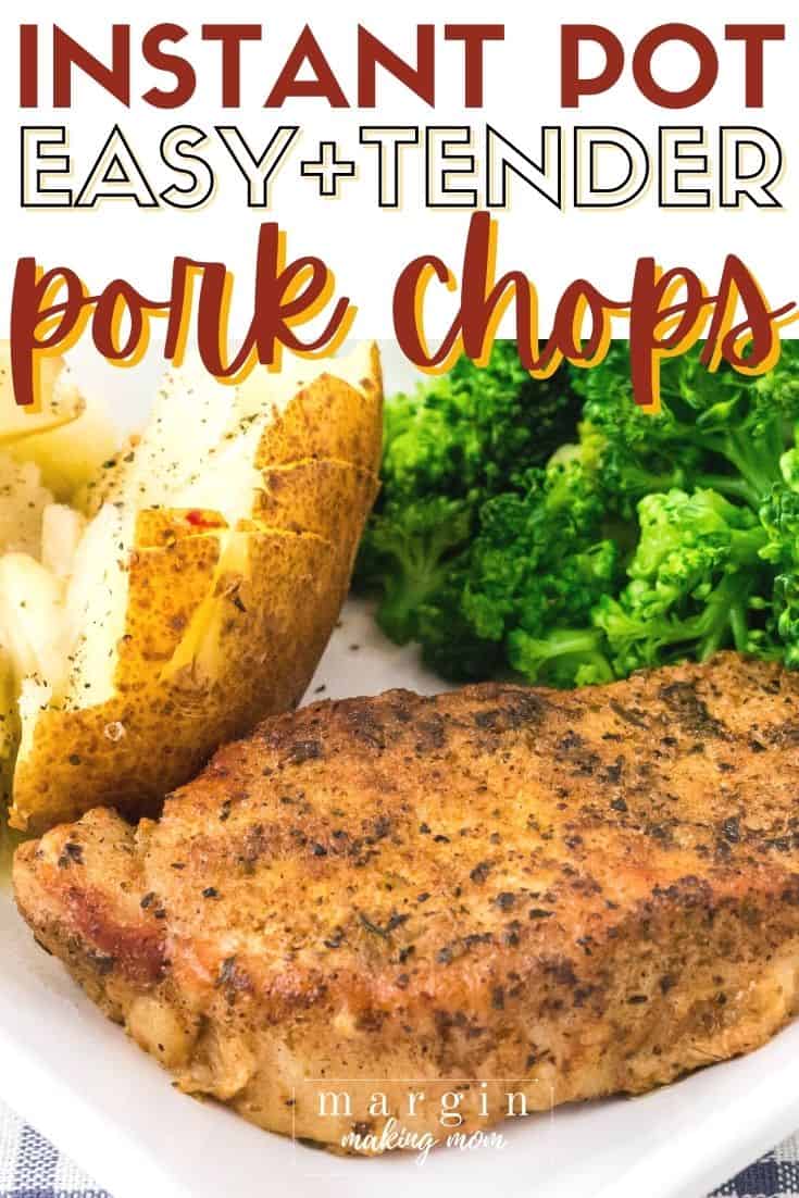 Instant Pot pork chop on a white plate with a baked potato and steamed broccoli