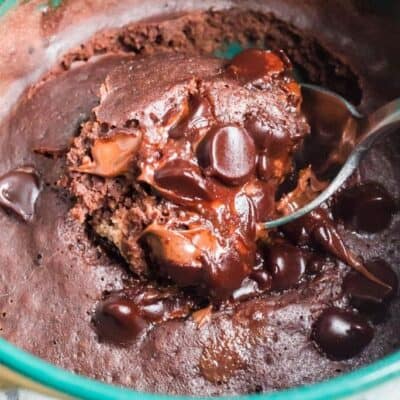 Instant Pot chocolate mug cake with a spoon in it