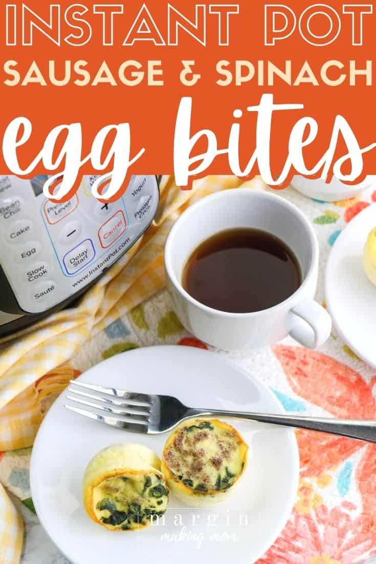 two Instant pot egg bites on a white plate with a cup of coffee next to them.