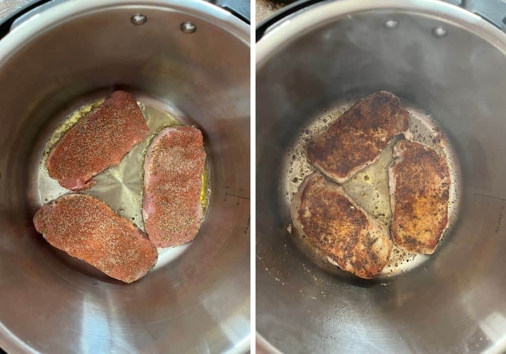 collage image featuring two photos of Instant Pot pork chops being Sauteed in the pot prior to pressure cooking.
