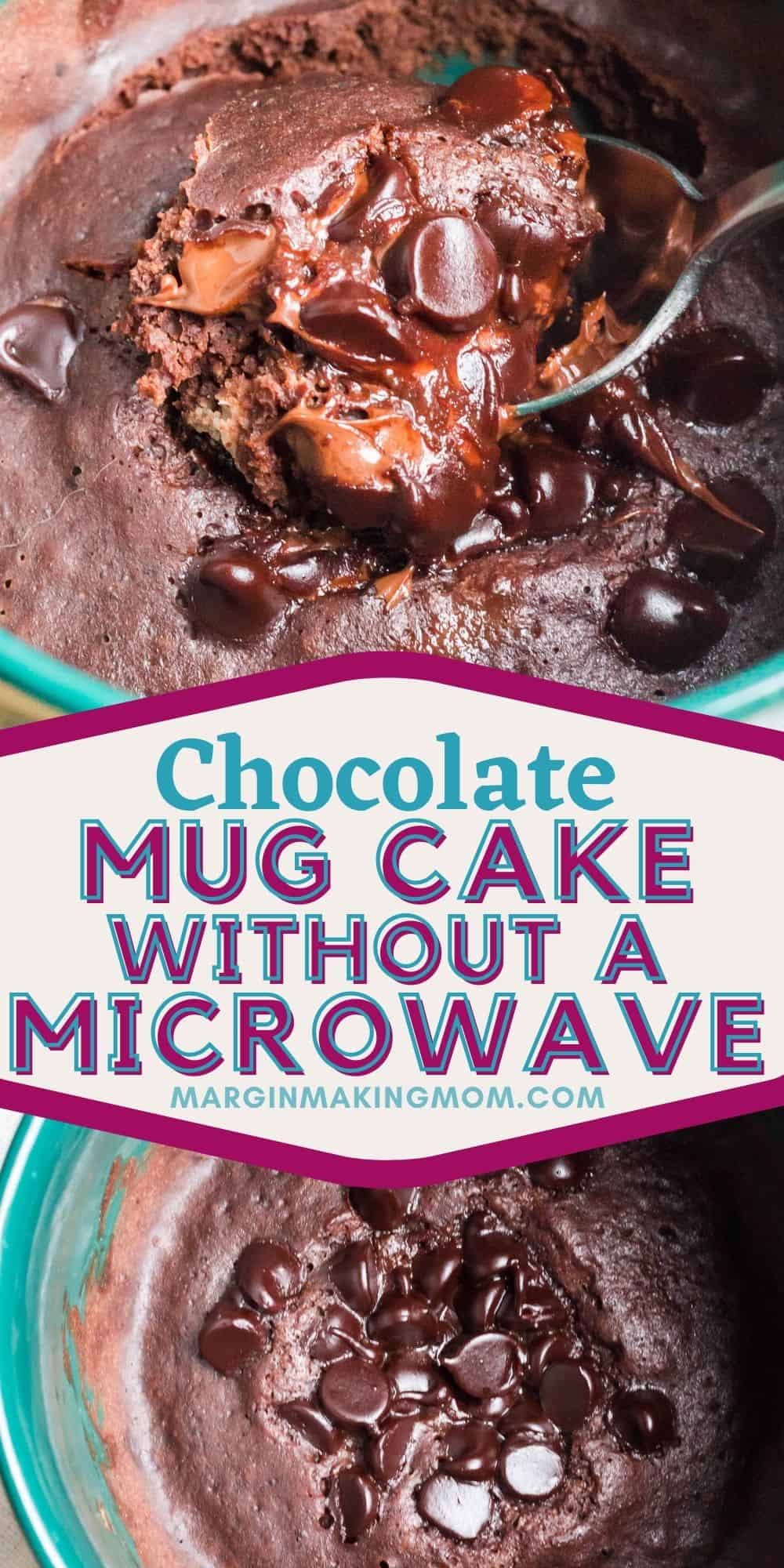 collage image featuring two photos--one of a chocolate mug cake cooked without a microwave, fresh out of the Instant Pot, and the other is the cake with a spoon inserted in it.