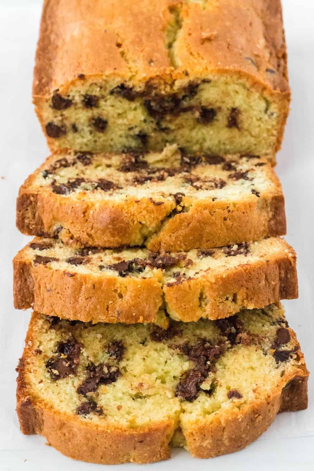 sliced loaf of chocolate chip pound cake