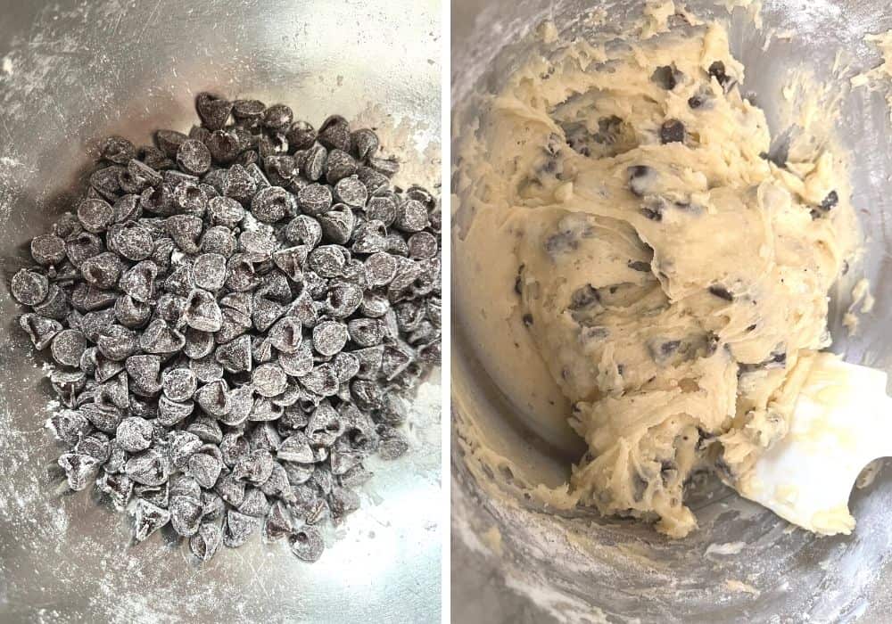 collage image featuring two photos: one is of chocolate chips tossed in flour, the other is of chocolate chips added to cake batter