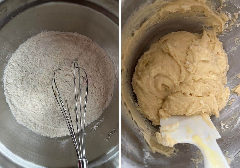 collage image featuring two photos: one is of a mixing bowl with dry ingredients whisked together; the other is of the dry ingredients added to the batter