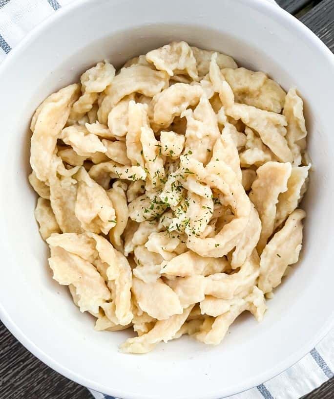 spaetzle noodles in a white dish