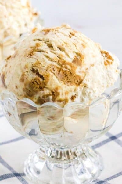 glass dish of biscoff ice cream on a blue and white checkered napkin