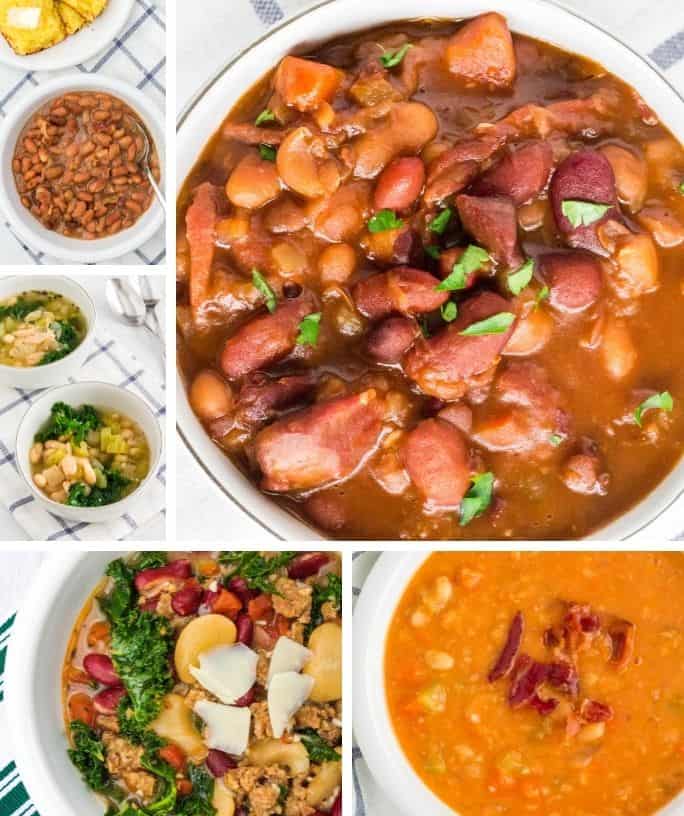 collage image showing five photos of Instant Pot bean soups