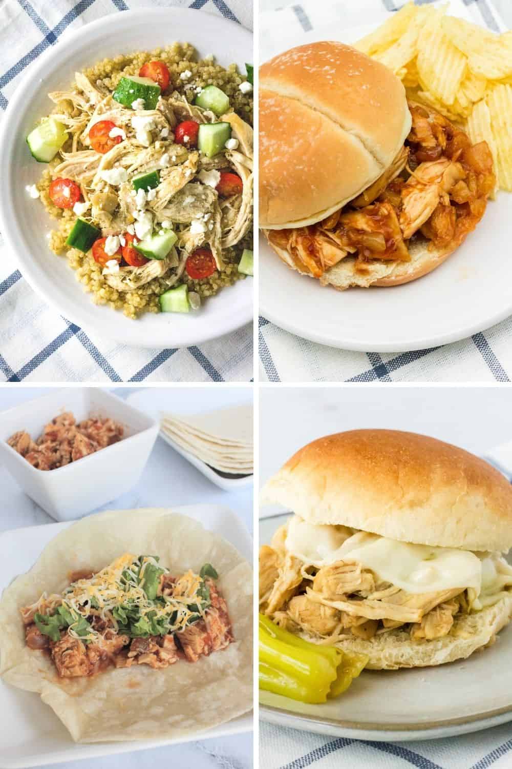 collage image of four photos showing different ways to cook frozen chicken in the Instant Pot, including Greek chicken, Hawaiian BBQ chicken, taco chicken, and Mississippi chicken.