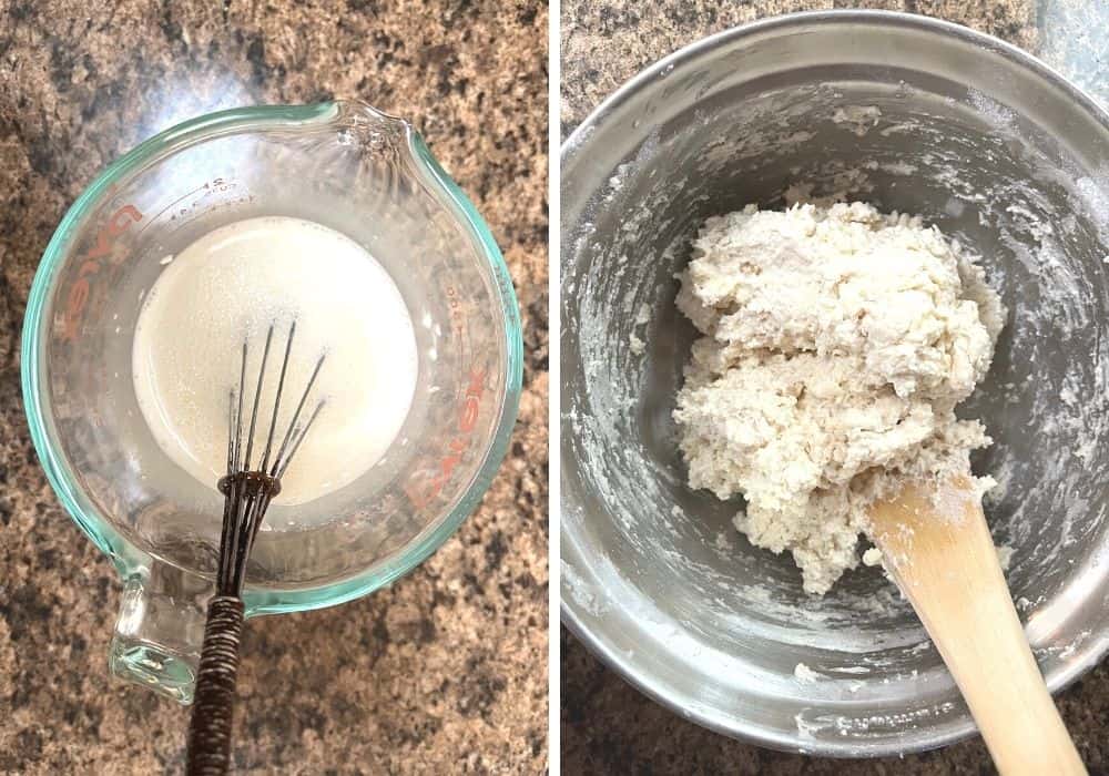 collage image, with one photo showing a glass measuring cup with milk and sour cream whisked together, and another photo showing the liquid mixed into the flour to create biscuit dough.