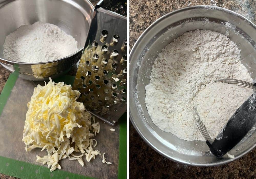 collage image, with one photo showing grated butter next to a bowl of self-rising flour, and the other photo showing butter cut into the flour using a pastry blender.