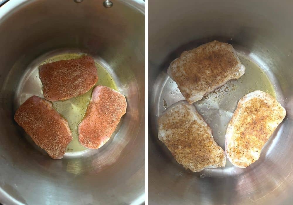 collage image of two photos; one shows pork chops being cooked in olive oil in the instant pot, and the other shows the chops flipped over, revealing the golden-brown exterior