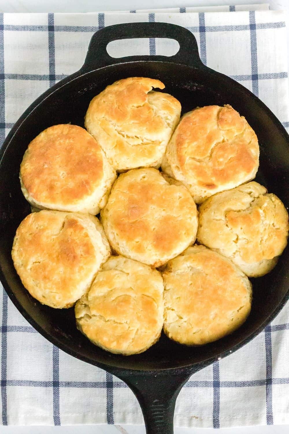 southern style homemade biscuits in a cast iron pan on top of a blue and white checkered kitchen towel