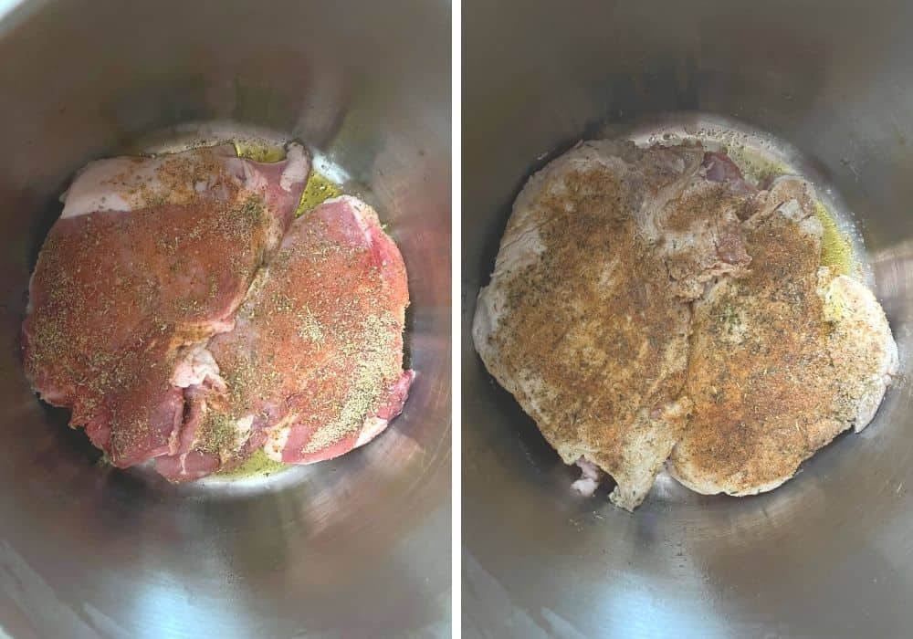 collage image of two photos. One shows seasoned pork chops getting browned in the Instant Pot, and the other one shows the pork chops flipped so the other side sears.