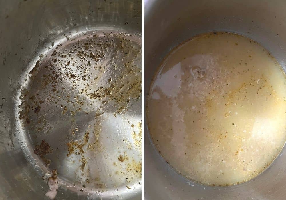 collage image showing browned bits stuck to the bottom of the instant pot in one photo, and rice and broth added to the pot in the other photo.