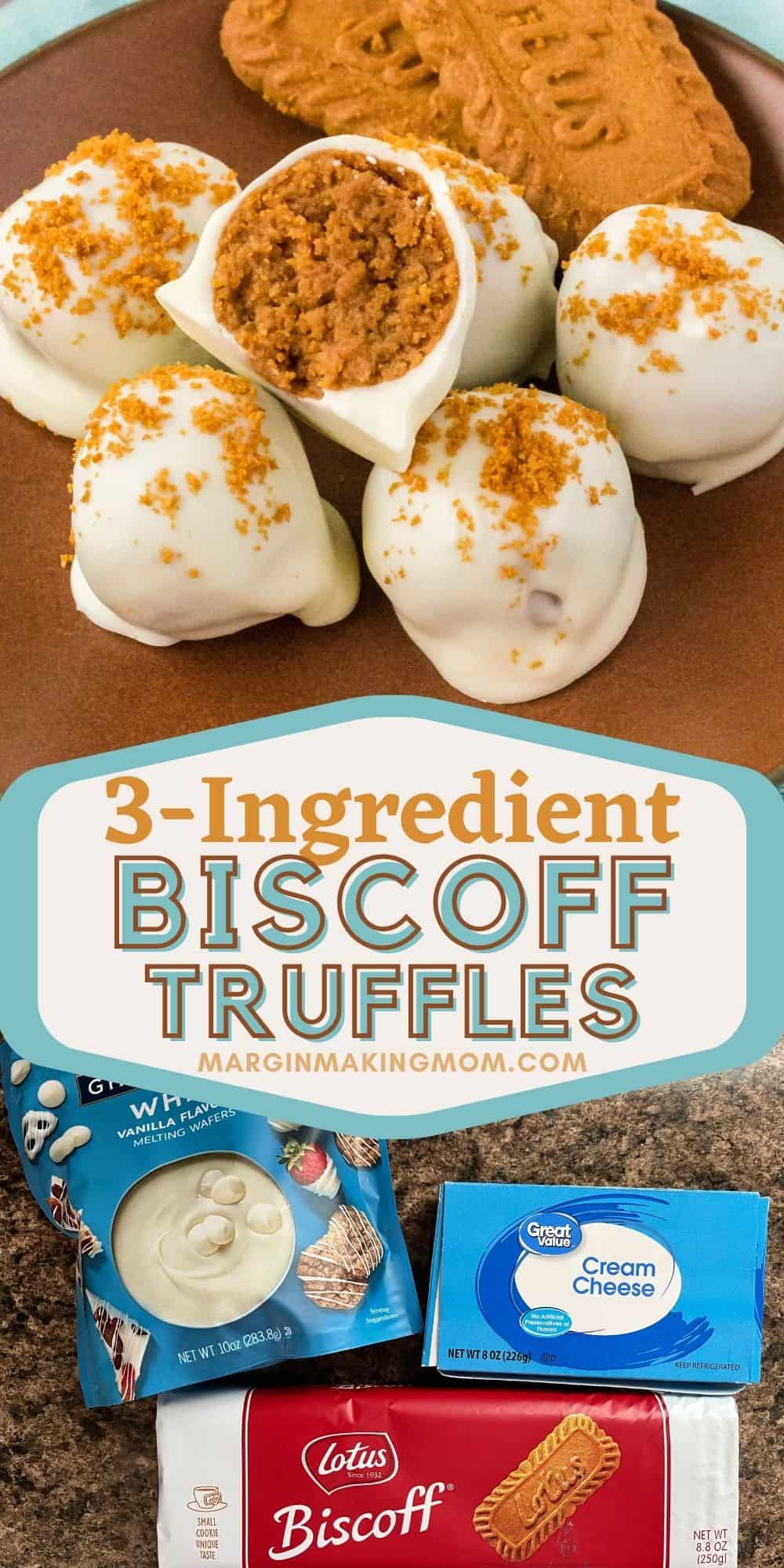 collage of two images; the bottom image shows the ingredients needed for making biscoff truffles, while the top image shows the finished product served in a brown plate