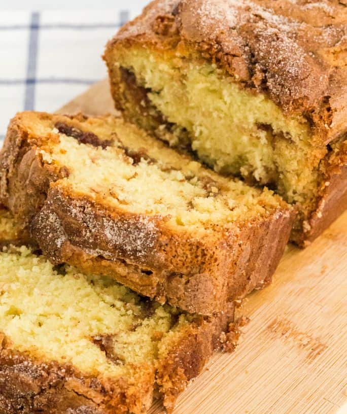 sliced loaf of Amish cinnamon swirl bread