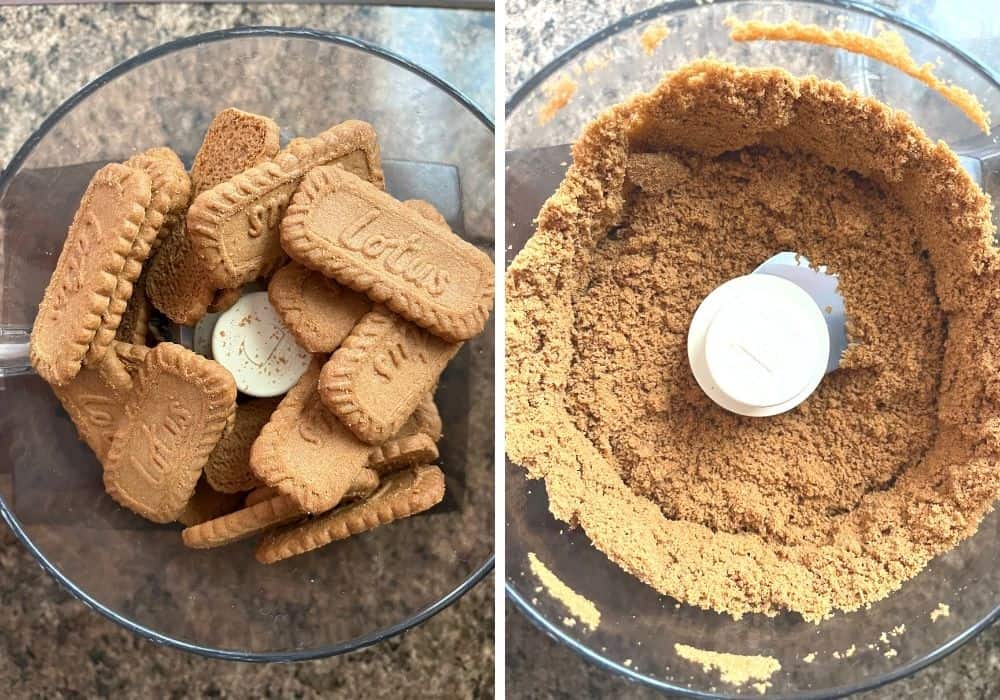 two photos; one shows biscoff cookies in a food processor, the other shows cookie crumbs after processing