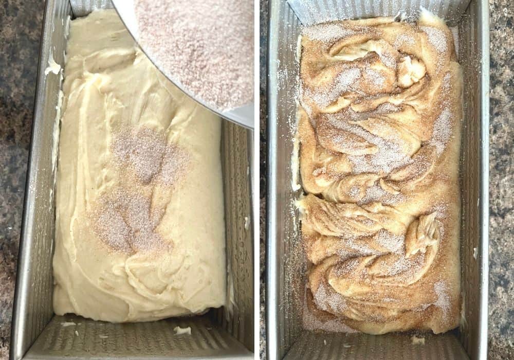 collage image. First photo shows cinnamon sugar being sprinkled on some of the batter. Second photo shows remaining cinnamon sugar sprinkled on top of remaining batter, with everything swirled together.