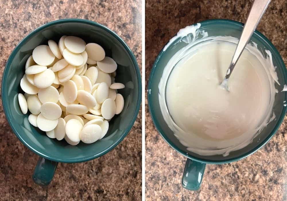two photos; one shows white chocolate melting wafers in a large mug, the other shows the melted chocolate after microwaving.