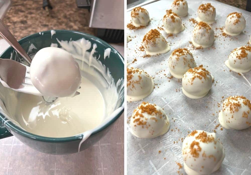 two forks dip chilled cookie balls into white chocolate in one photo, while the other photo shows the truffles topped with reserved cookie crumbs.