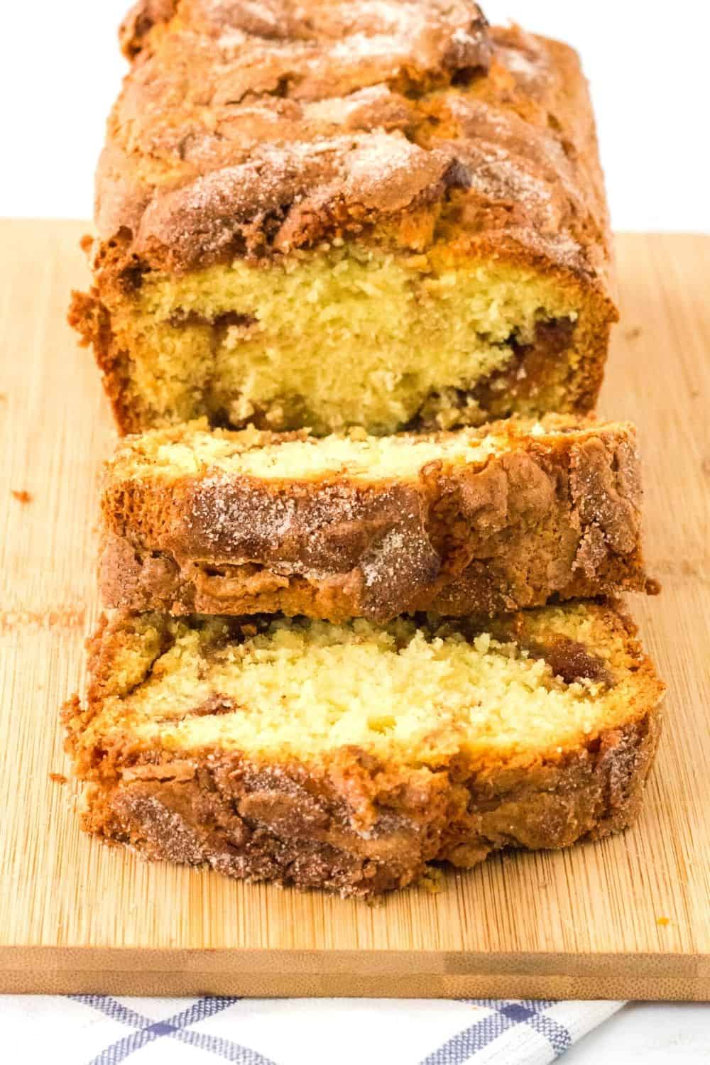 head-on view of a sliced loaf of Amish cinnamon swirl bread made without a starter.