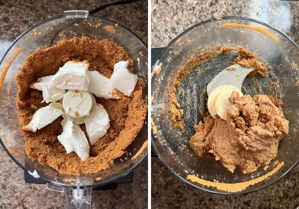 two photos; one shows cream cheese added to cookie crumbs in food processor, the other shows everything processed together into a dough.