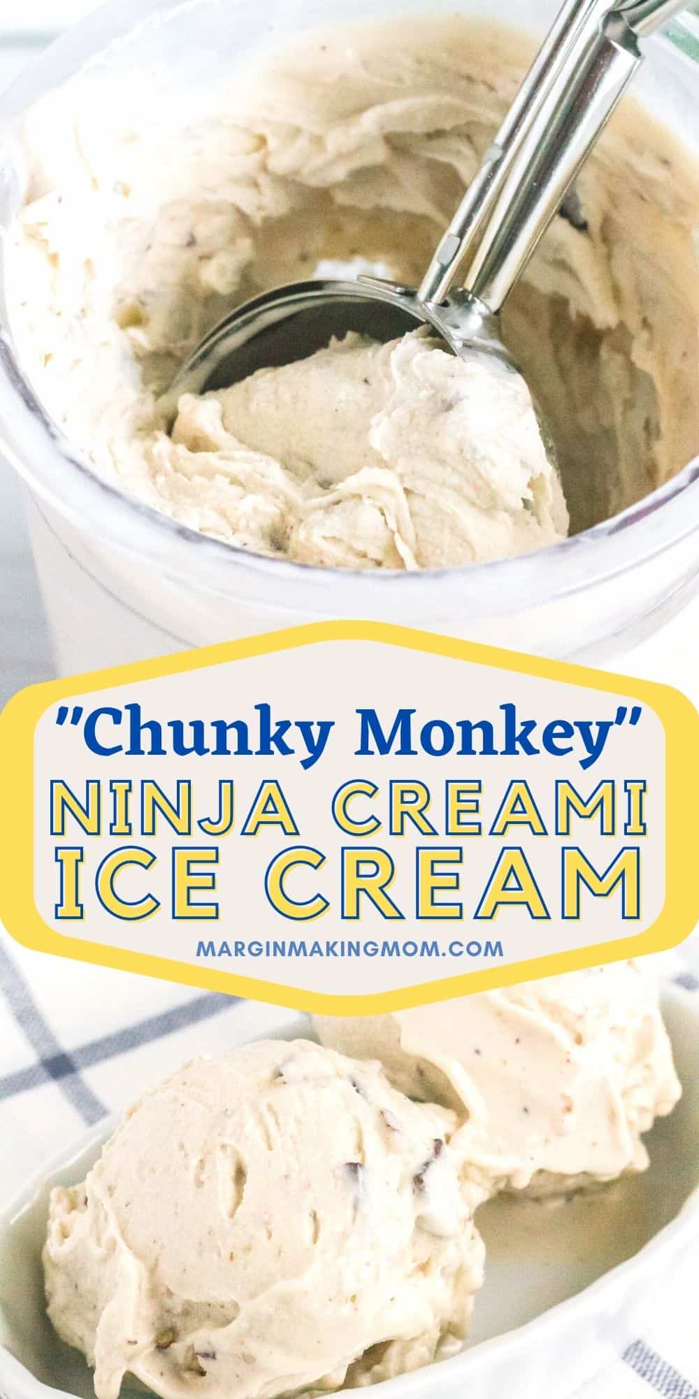 collage of two photos featuring chunky monkey ninja creami ice cream