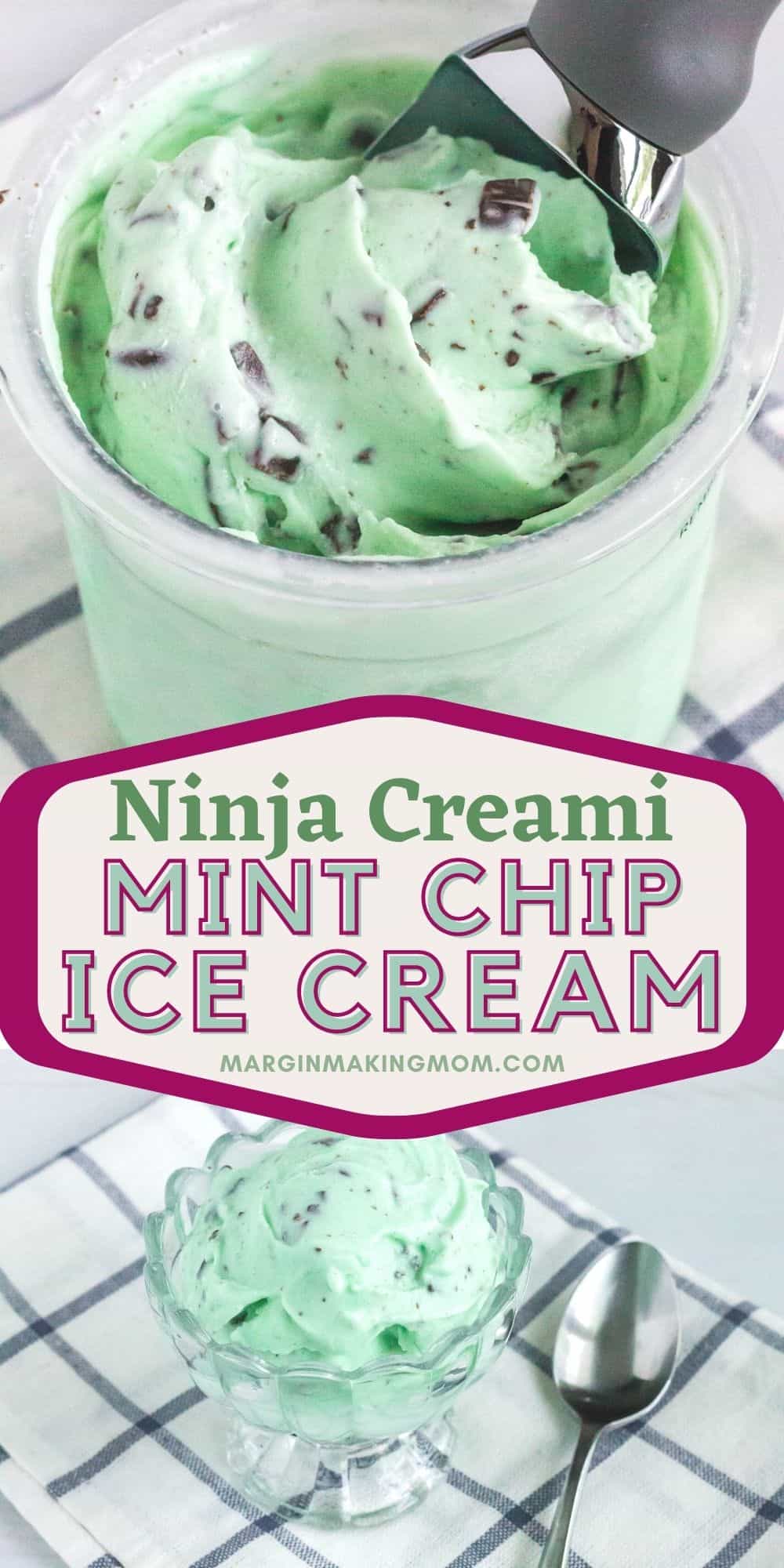 collage of two photos of Ninja Creami mint chocolate chip ice cream.