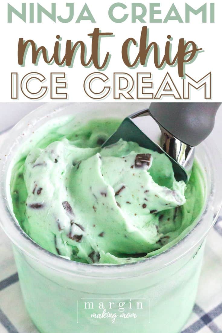 a pint of Ninja Creami mint chocolate chip ice cream with a scoop in it.