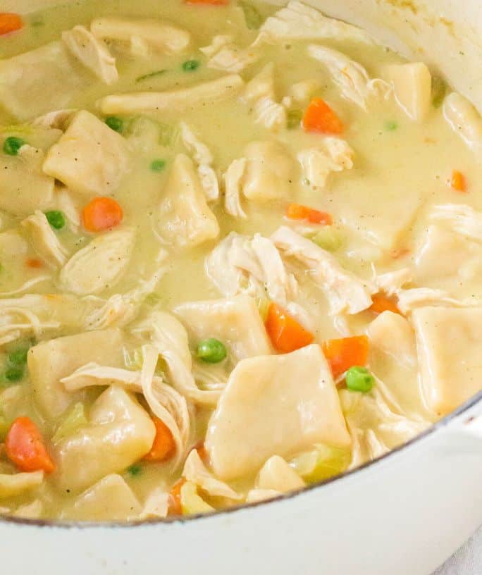 dutch oven of southern style chicken and dumplings