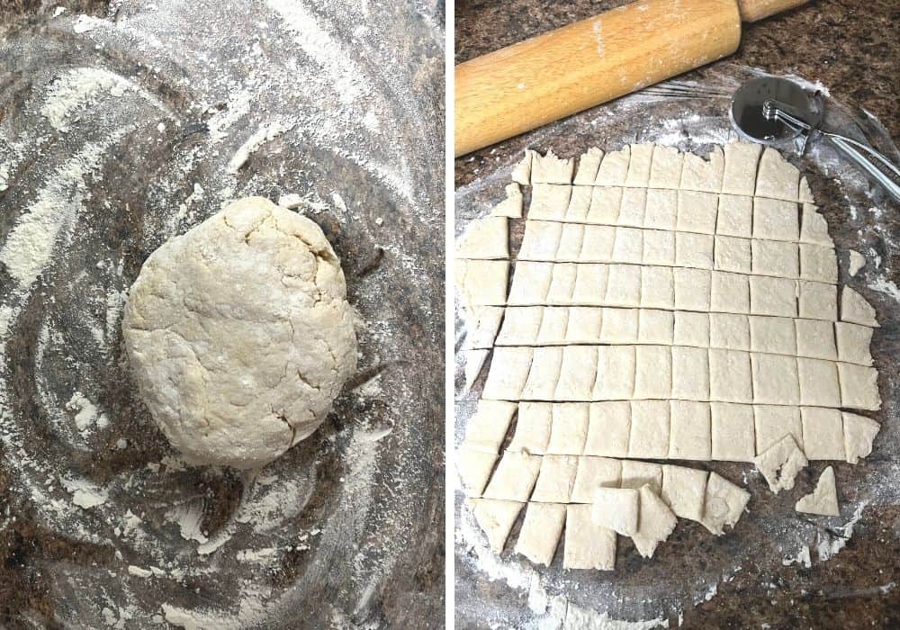 collage of two photos; one shows the ball of dough on a floured surface. The other shows dough rolled flat and cut into squares with a pizza cutter.