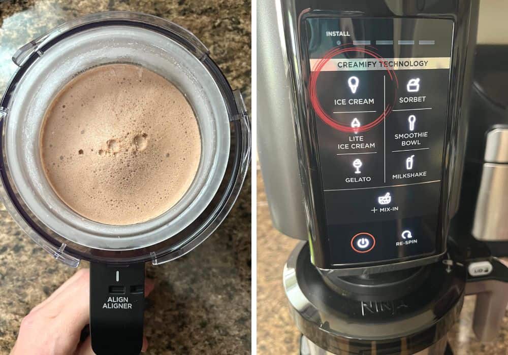 Collage of two photos. One shows the frozen mixture added to the bowl of the Ninja Creami. The other shows the Ice Cream button on the Ninja Creami machine.