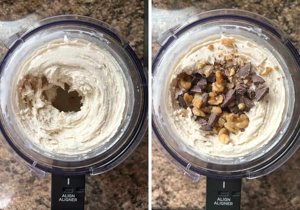 collage of two photos. One shows a hole in the center of the banana ice cream, while the other shows chocolate chunks and walnuts added to the hole, ready for mixing into the ice cream.