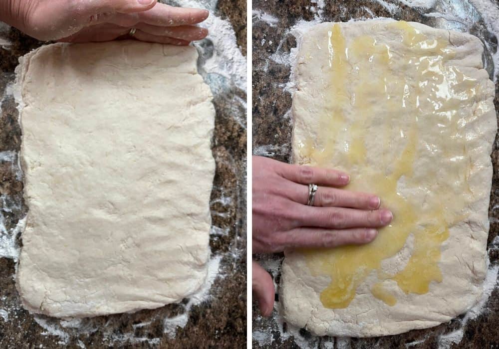 two photos; one shows dough patted out into a rectangle. The other shows a woman's hand spreading melted butter over the dough.