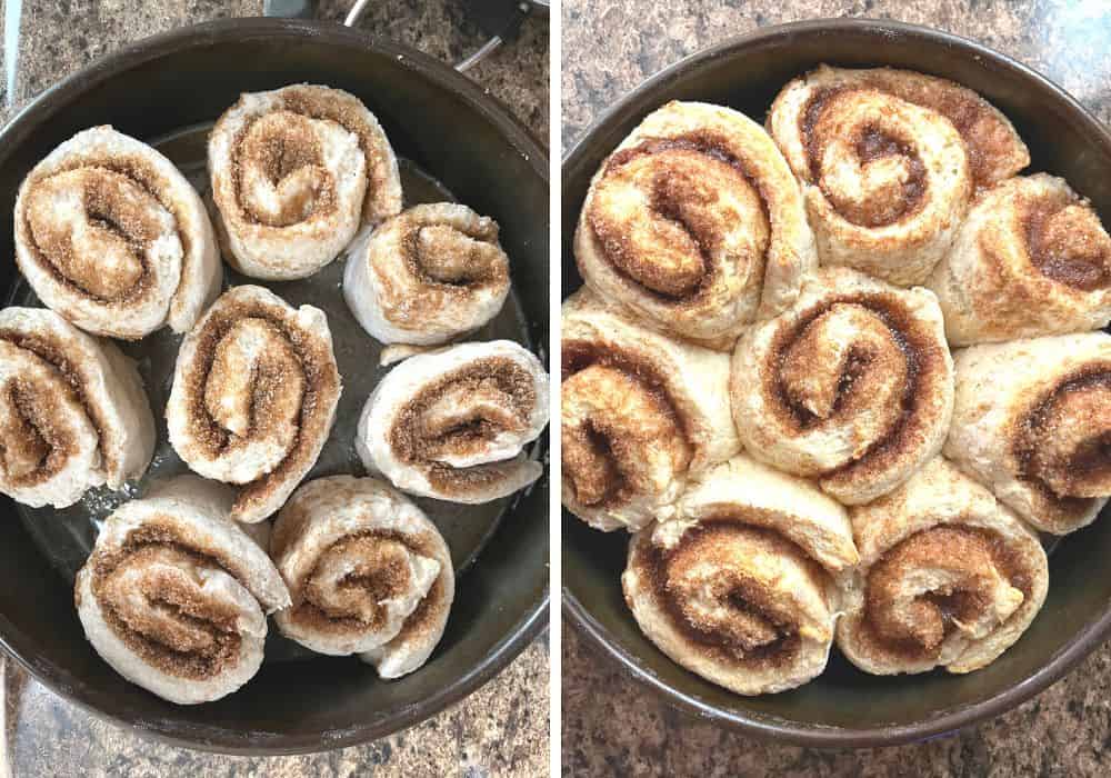 two photos; the first shows unbaked cinnamon rolls in a round cake pan; the second shows freshly baked cinnamon rolls.