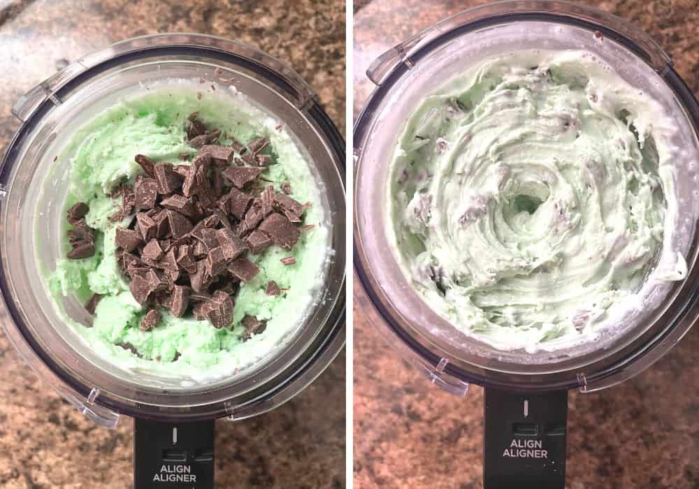collage of two photos. One shows chocolate chunks added to the ice cream mixture. The other shows the ice cream following the use of the Mix-In feature.
