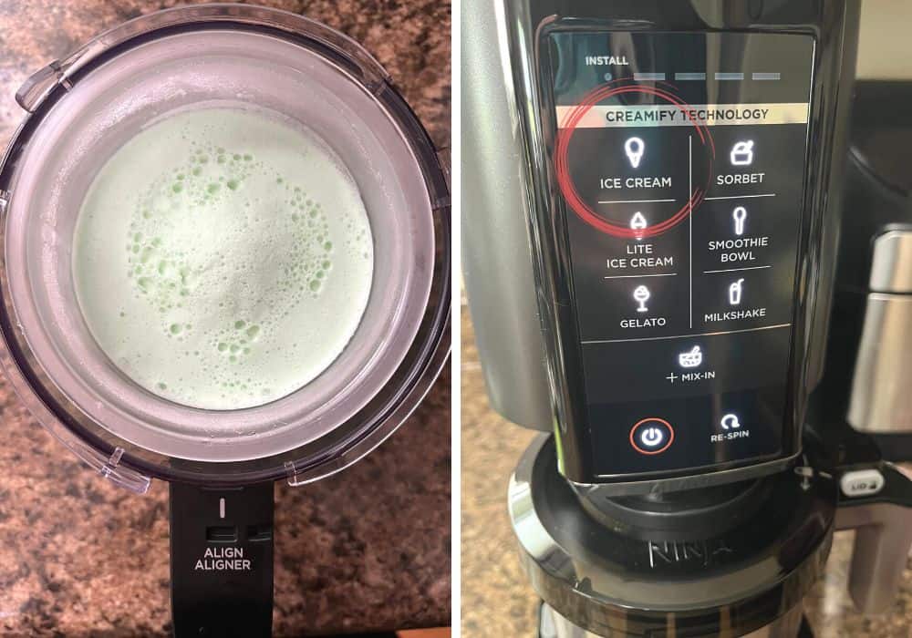 collage of two photos. One shows the frozen pint of mint chocolate chip mixture; the other shows the Ice Cream button on the Ninja CREAMi machine.