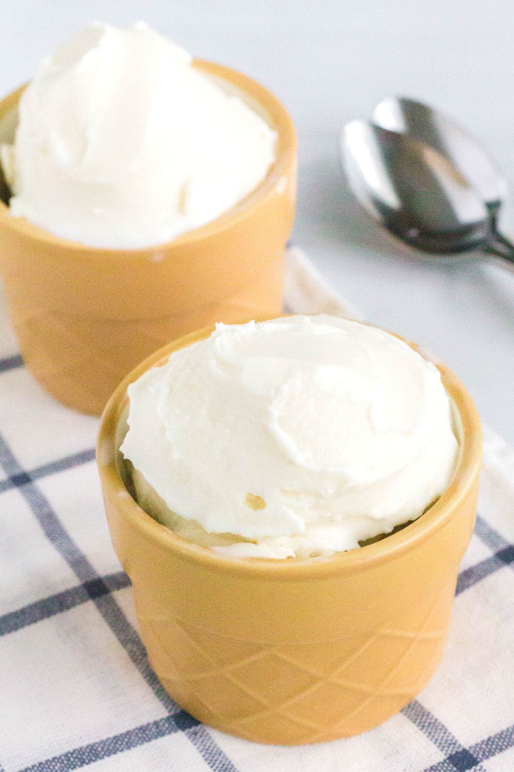 two ice cream cups shaped like cones serve vanilla ice cream made in the Ninja CREAMi machine.