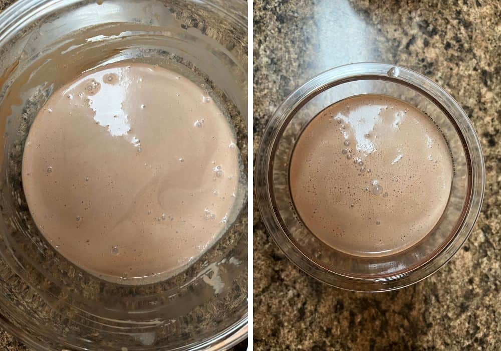 collage of two photos. One shows chocolate ice cream ingredients fully mixed together in a glass bowl. The other shows the mixture poured into a Ninja Creami pint, ready to be frozen.