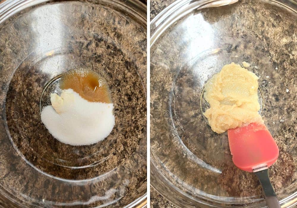 collage image of two photos. One shows cream cheese, sugar, and vanilla in a glass bowl. The other shows those ingredients mixed together to form a paste.