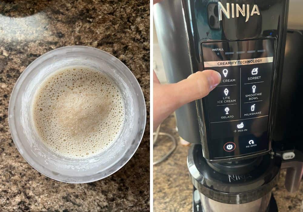 collage of two photos. One shows frozen mixture in Ninja Creami pint. The other shows the ice cream button on the Ninja Creami machine.