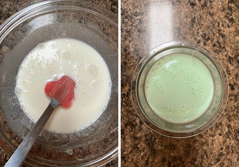 collage of two photos. One shows the liquid mixture for making mint ice cream. The other shows green food coloring added and the liquid transferred to a Ninja Creami pint for freezing.