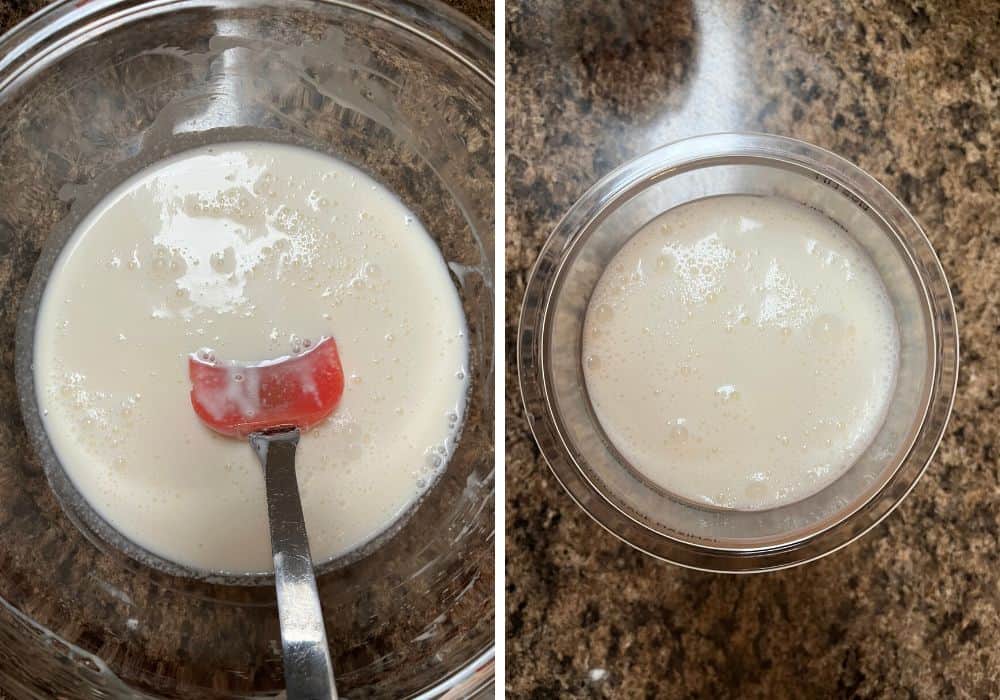 collage image of two photos. One shows the liquid for making Ninja Creami vanilla ice cream, while the other shows the liquid transferred into a Ninja Creami pint for freezing.
