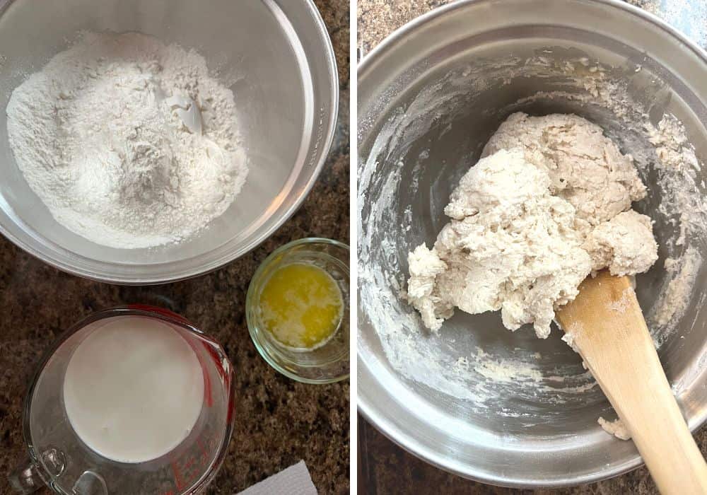 two photos; first shows ingredients for dough, second shows ingredients mixed together into a soft dough in a mixing bowl with a wooden spoon.